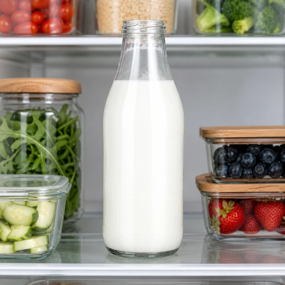 Milchflasche 1000ml Glas TO48 UNiTWIST mit frischer Milch im Kühlschrank neben Obst und Gemüse Kücheneinsatz