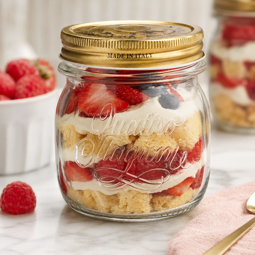 250ml Rundglas "Quattro Stagioni" mit Deckel 250ml Rundglas Quattro Stagioni mit goldenem Deckel gefüllt mit Schichtdessert aus Erdbeeren und Creme Made in Italy