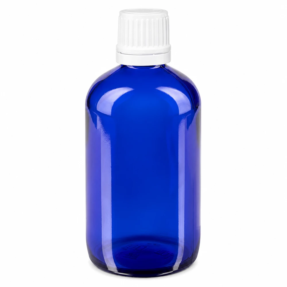 Hochwertige blaue Lichtschutzflasche aus Glas mit kindersicherem Tropfverschluss in weiß
