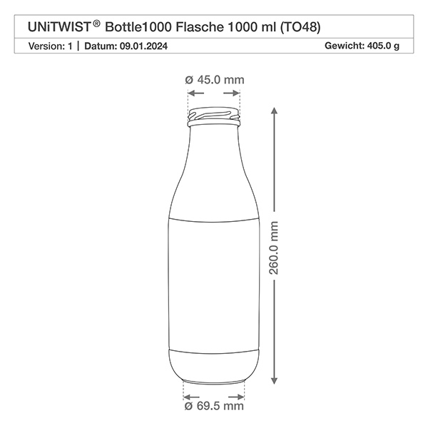 1000ml Glasflasche ohne Deckel (TO48) UNiTWIST Technische Zeichnung 1000ml UNiTWIST Glasflasche mit Maßangaben 260mm Höhe 45mm Halsöffnung TO48 Gewinde
