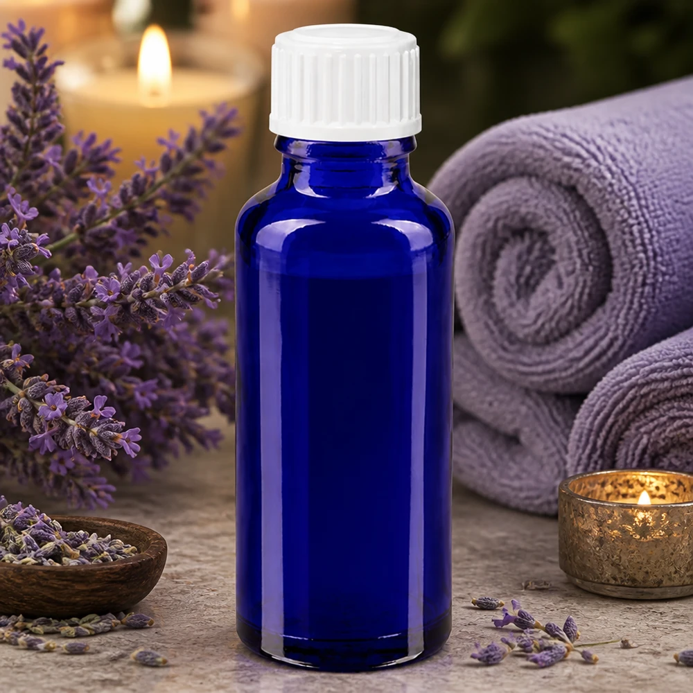 Blaue 30ml Standardglasflasche mit weißem Sicherheitsverschluss für Naturkosmetik und Aromatherapie