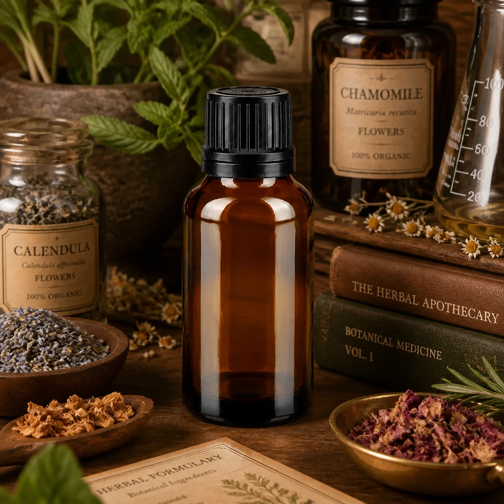 20ml Braunglas-Flasche mit OV-Verschluss im naturheilkundlichen Apotheker-Setting mit Lavendel