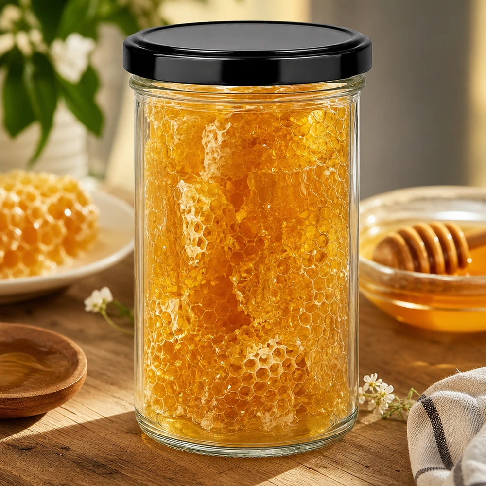 277ml Sturzglas mit BasicSeal Deckel schwarz UNiTWIST 277ml Sturzglas mit Honigwaben gefüllt zeigt praktische Verwendung als Vorratsglas für Naturprodukte