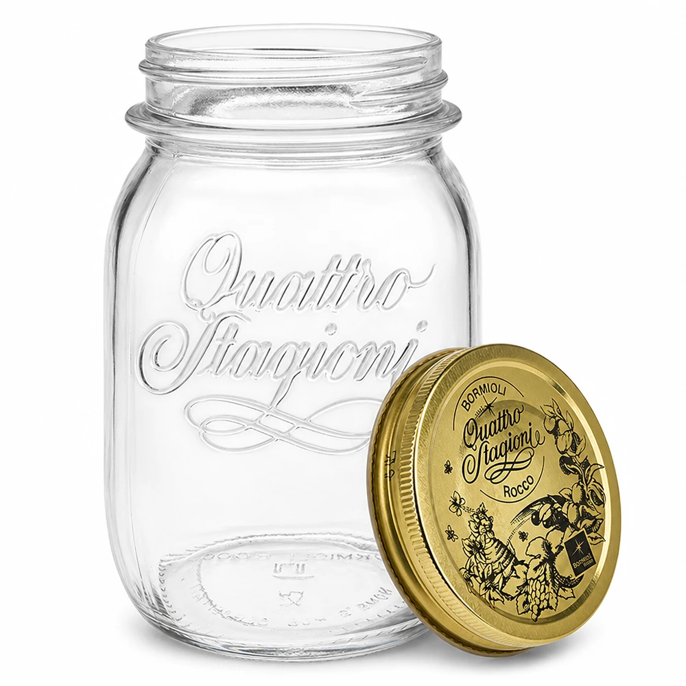 500ml Rundglas "Quattro Stagioni" mit Deckel Italienisches Einmachglas 500ml mit abnehmbarem Deckel Detail-Ansicht für Küche und Vorratshaltung