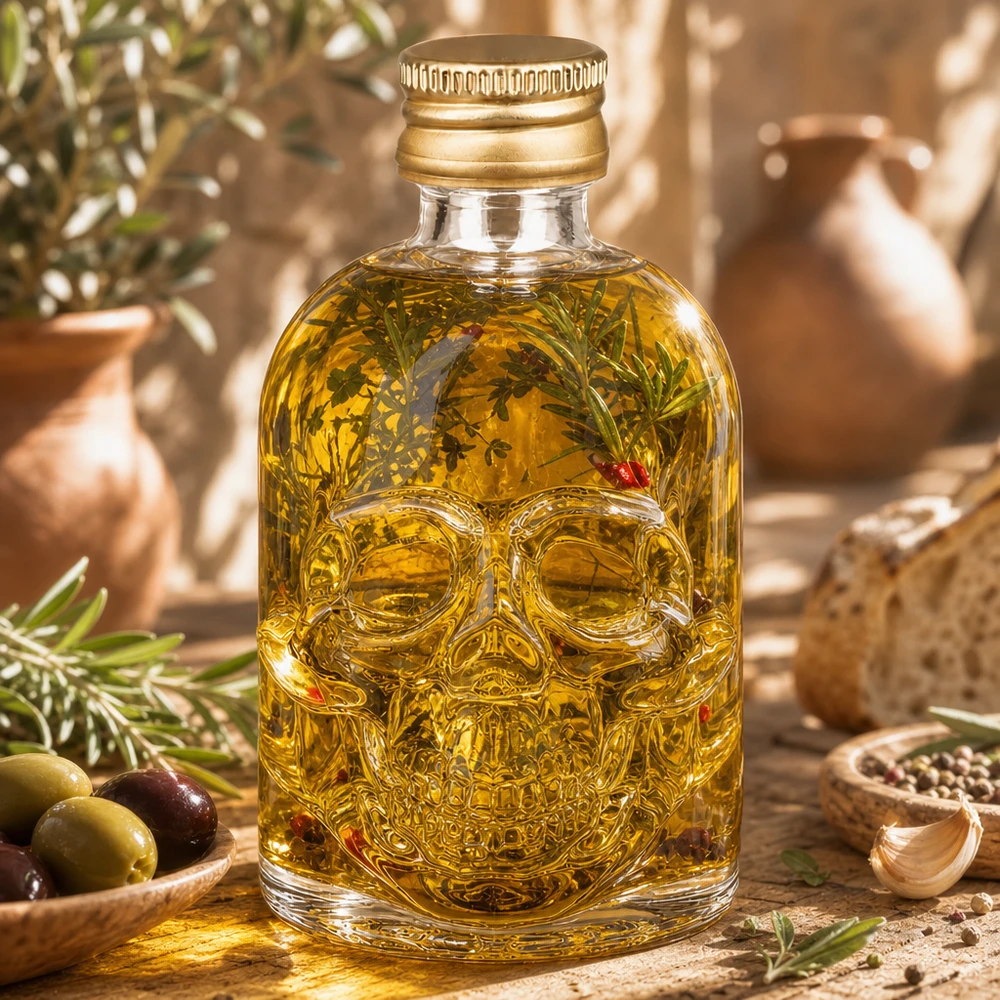 50ml Designer-Glasflasche Hector mit plastischem Totenkopf-Design und Metallverschluss gold