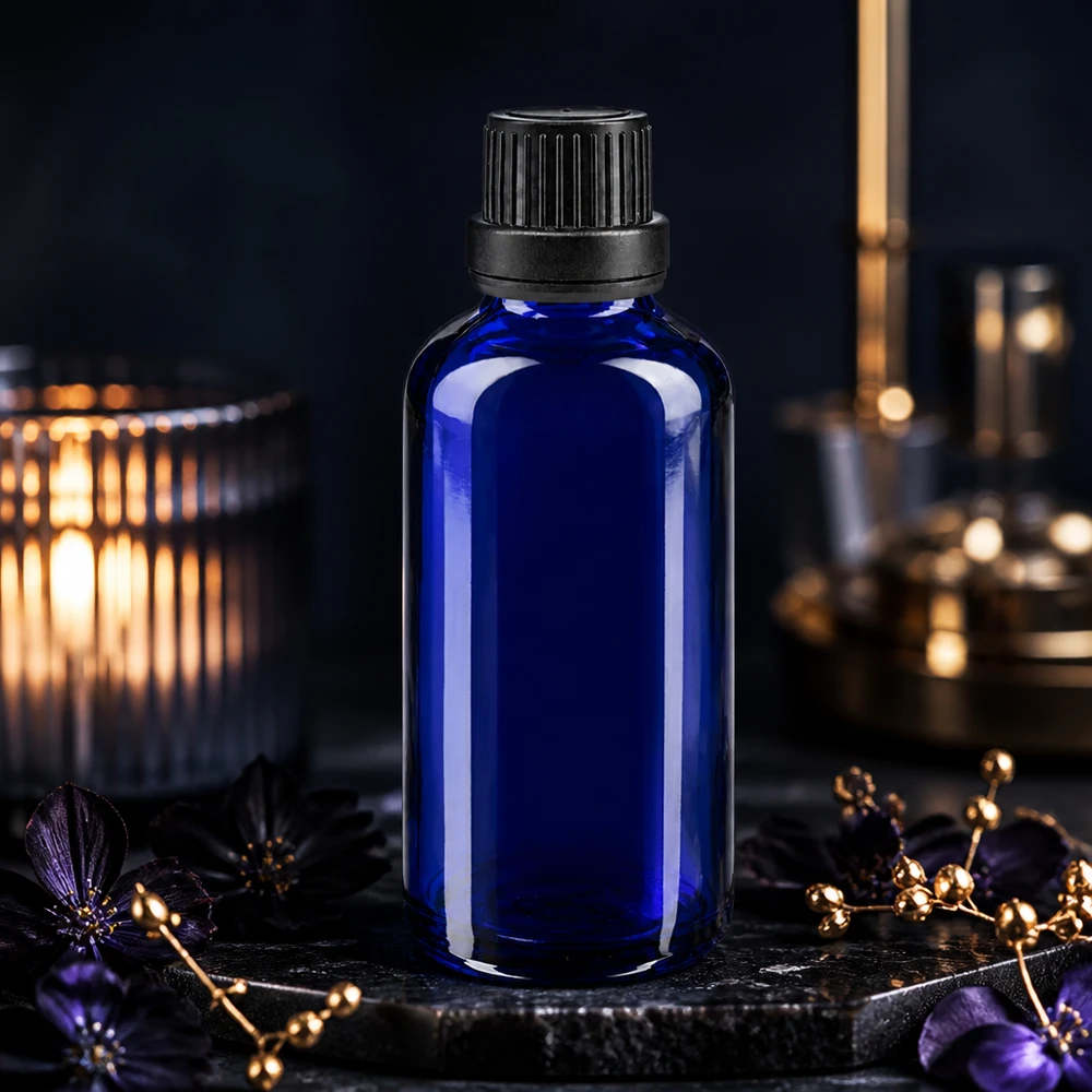 Kleine blaue 50ml Glasflasche mit Dosiertropfer und schwarzem Verschluss auf Schieferplatte mit Blüten