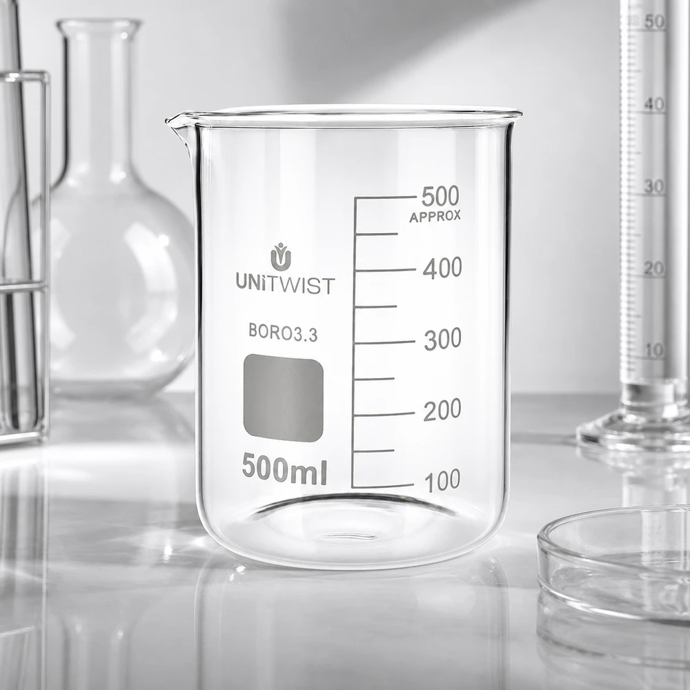 Becherglas 500ml Borosilikat, niedrige Form UNiTWIST UNiTWIST Chemieglas 500ml niedriger Form mit quadratischem Beschriftungsfeld und Volumenskala
