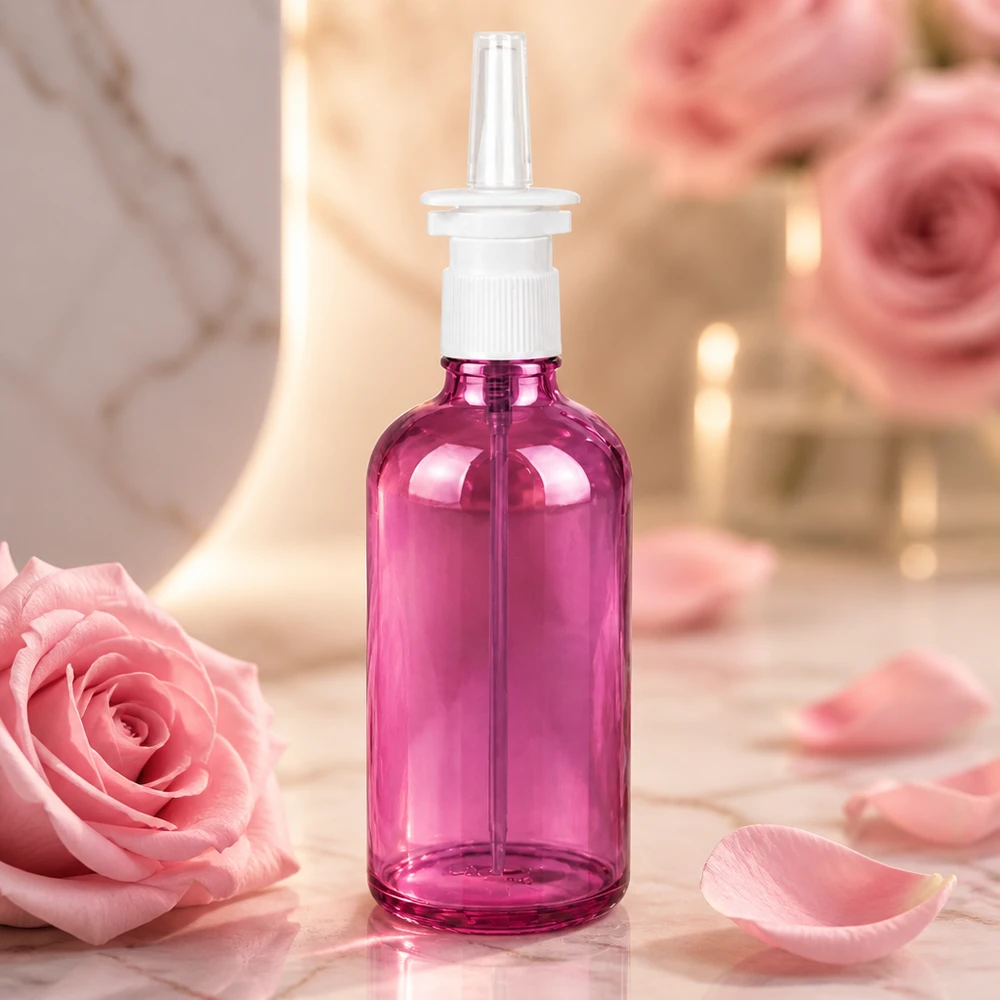 100ml Nasensprayflasche weiß/transparent Standard PurpleLine UT18/100 Rosa getönte 100ml Nasensprayflasche mit Standard Sprühaufsatz für hygienische Verabreichung