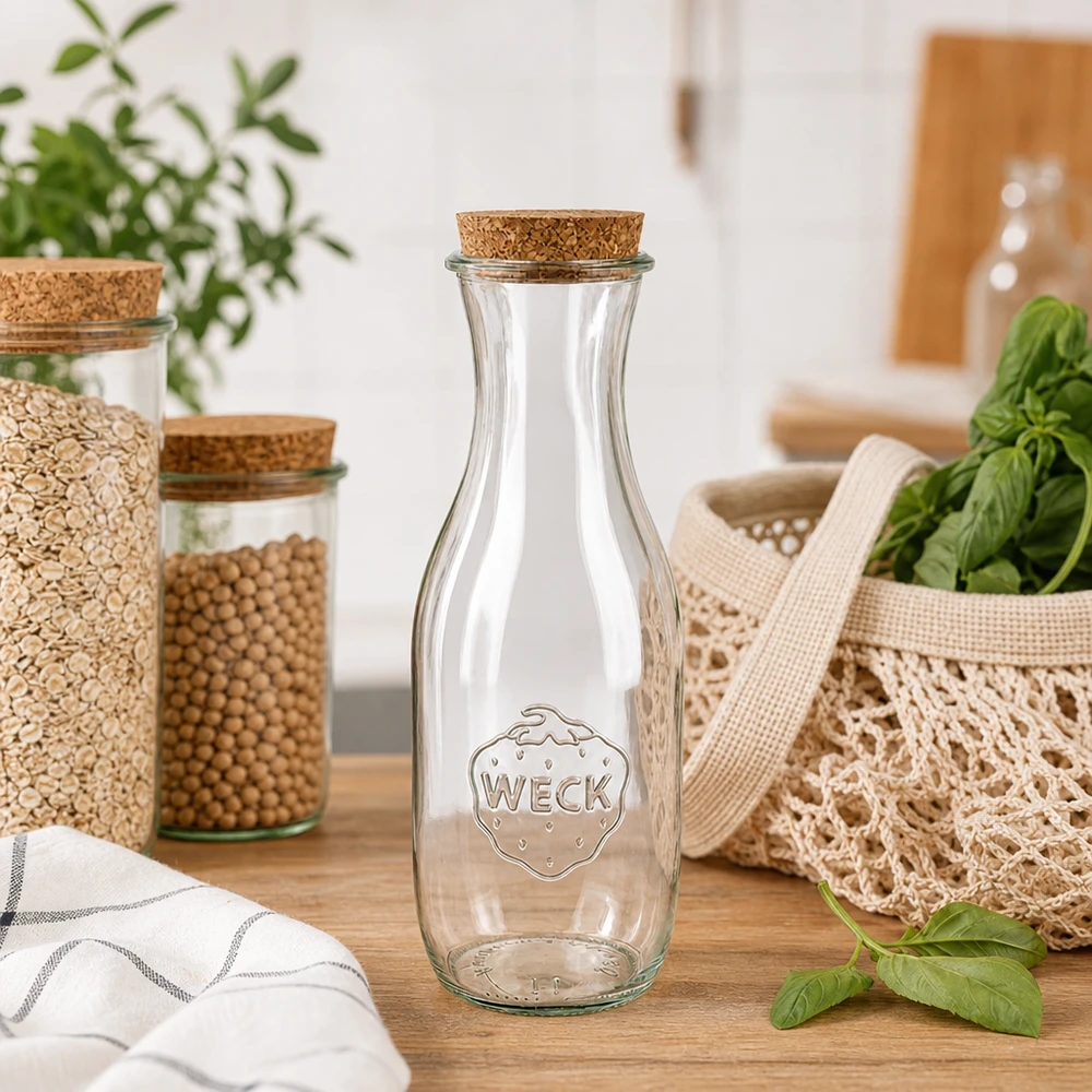1062ml Saftflasche WECK RR60 mit Korken natur WECK Saftflasche 1062ml RR60 mit Naturkorken in nachhaltiger Zero-Waste Küche neben Vorratsgläsern und Jutebeutel