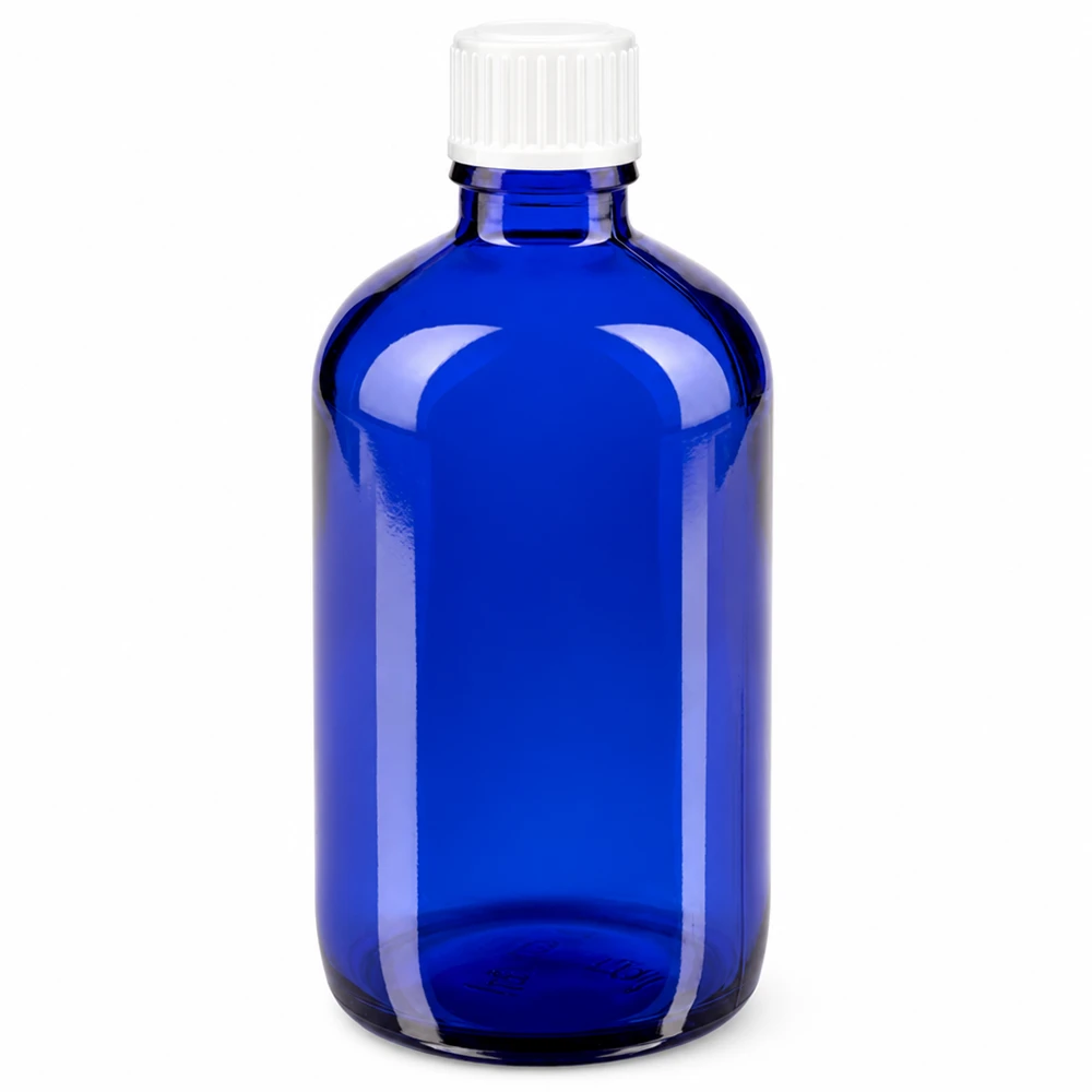 Apothekenflasche blau 100ml Schraubverschluss weiß Globuli Standard Kleine blaue Glasflasche 100ml für Medikamente Tinkturen und pharmazeutische Produkte