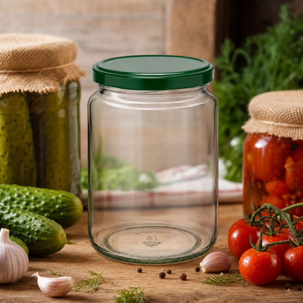 795ml Einmachglas UNiTWIST mit grünem Deckel zwischen frischem Gemüse und gefüllten Konservengläsern auf Holztisch