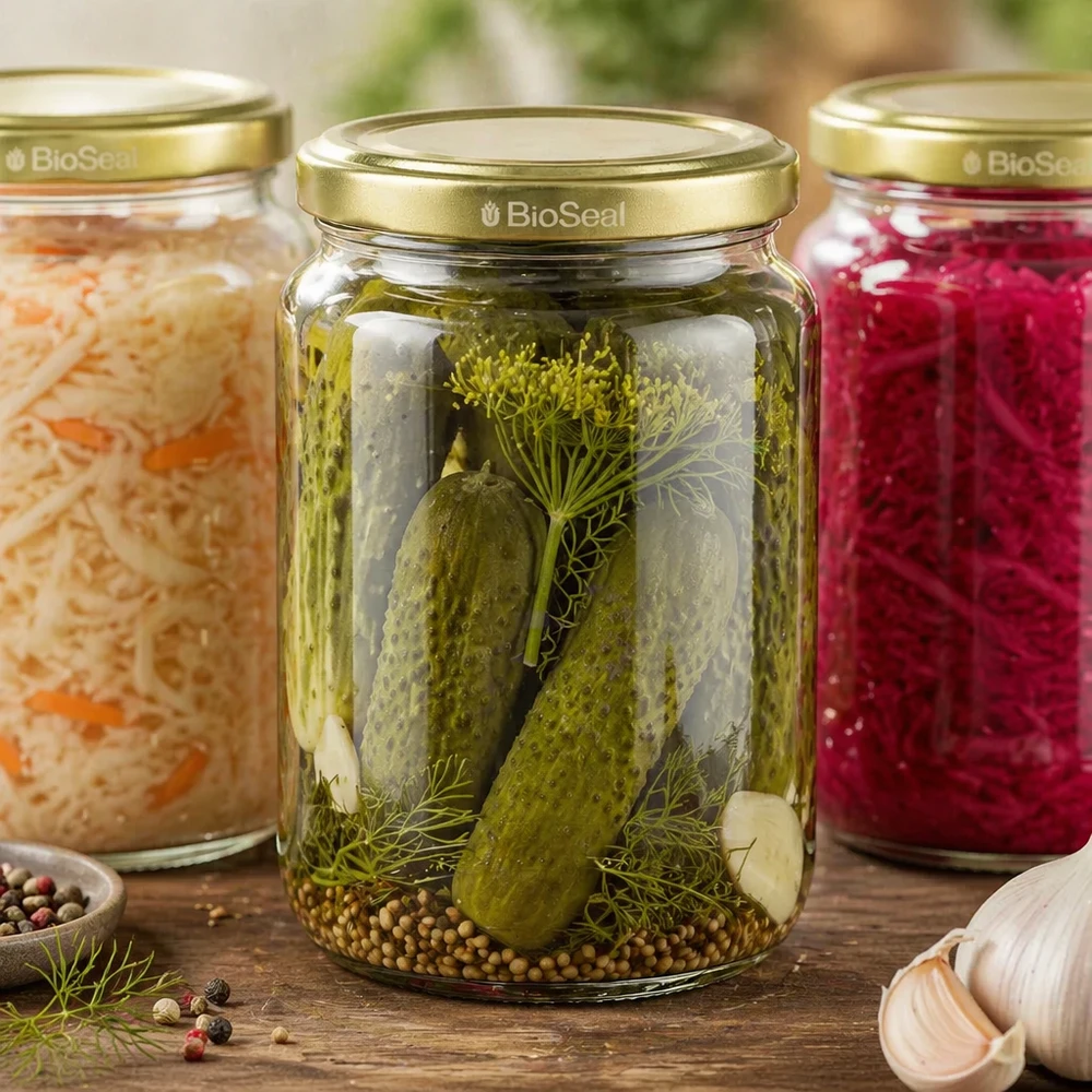 1000g Honigglas mit goldenem Deckel BioSeal UNiTWIST 1000g BioSeal Honigglas Set mit eingelegten Gurken Sauerkraut und Marmelade zeigt vielfältige Einmach-Anwendungen