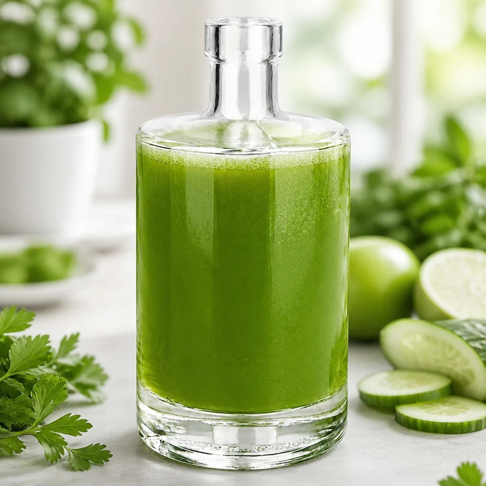 500ml Glasflasche "Galileo" ohne Verschluss UNiTWIST® 500ml Glasflasche Marie mit grünem Smoothie befüllt umgeben von Gurken und Kräutern als gesunde Getränke Inspiration