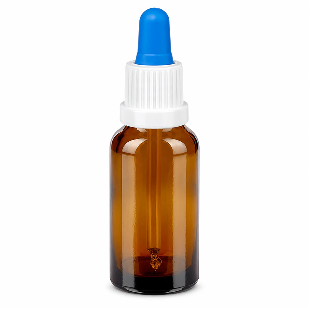 20ml Pipettenflasche weiß/blau Originalitätsverschluss BrownLine UT18/20 BrownLine Pipettenflasche 20ml in Braunglas mit weißer Verschlusskappe und blauer Dosierpipette