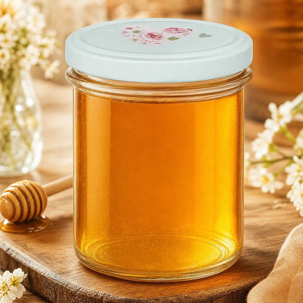 350ml Sturzglas mit BasicSeal Deckel Herz mint gefüllt mit goldgelbem Honig auf Holzbrett mit Honiglöffel und Blüten