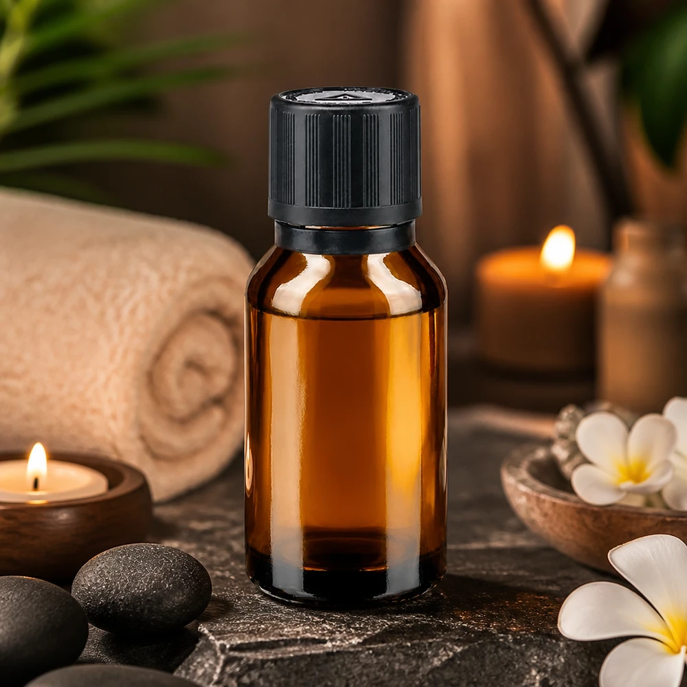 15ml Braunglas Dosierflasche mit schwarzem KiSi Verschluss in entspannter Wellness Umgebung