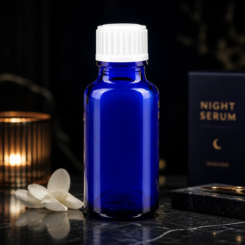 Blaue 20ml Apothekerflasche Glas lichtgeschützt mit weißem Standardverschluss für empfindliche Wirkstoffe