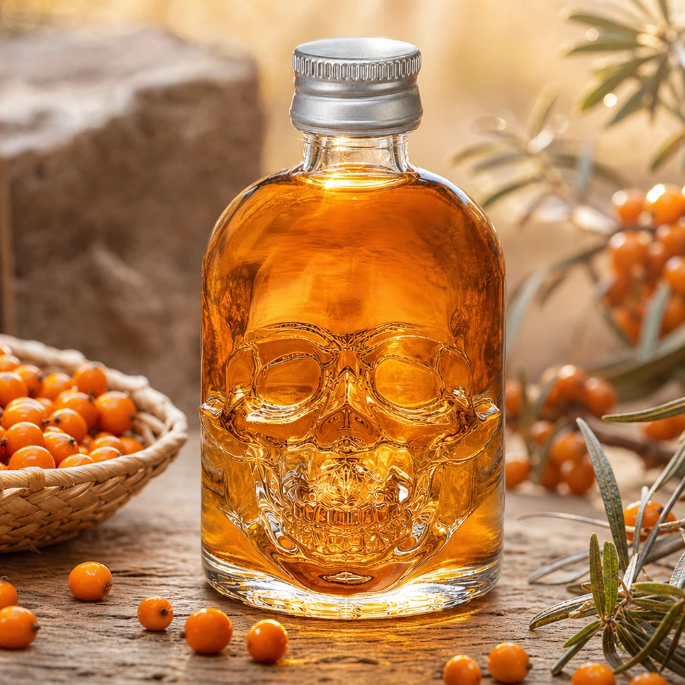 50ml Glasflasche Hector mit Sanddorn-Likör befüllt zwischen orangenen Beeren und Dekoelementen in warmer Atmosphäre