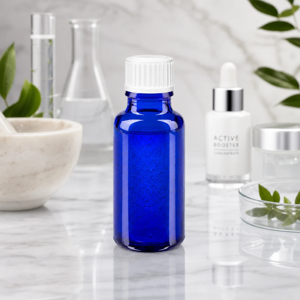 Apothekenflasche blau 20ml Schraubverschluss weiß Globuli Standard Zylindrische 20ml Glasflasche kobaltblau mit weißem Schraubverschluss 3mm Öffnung