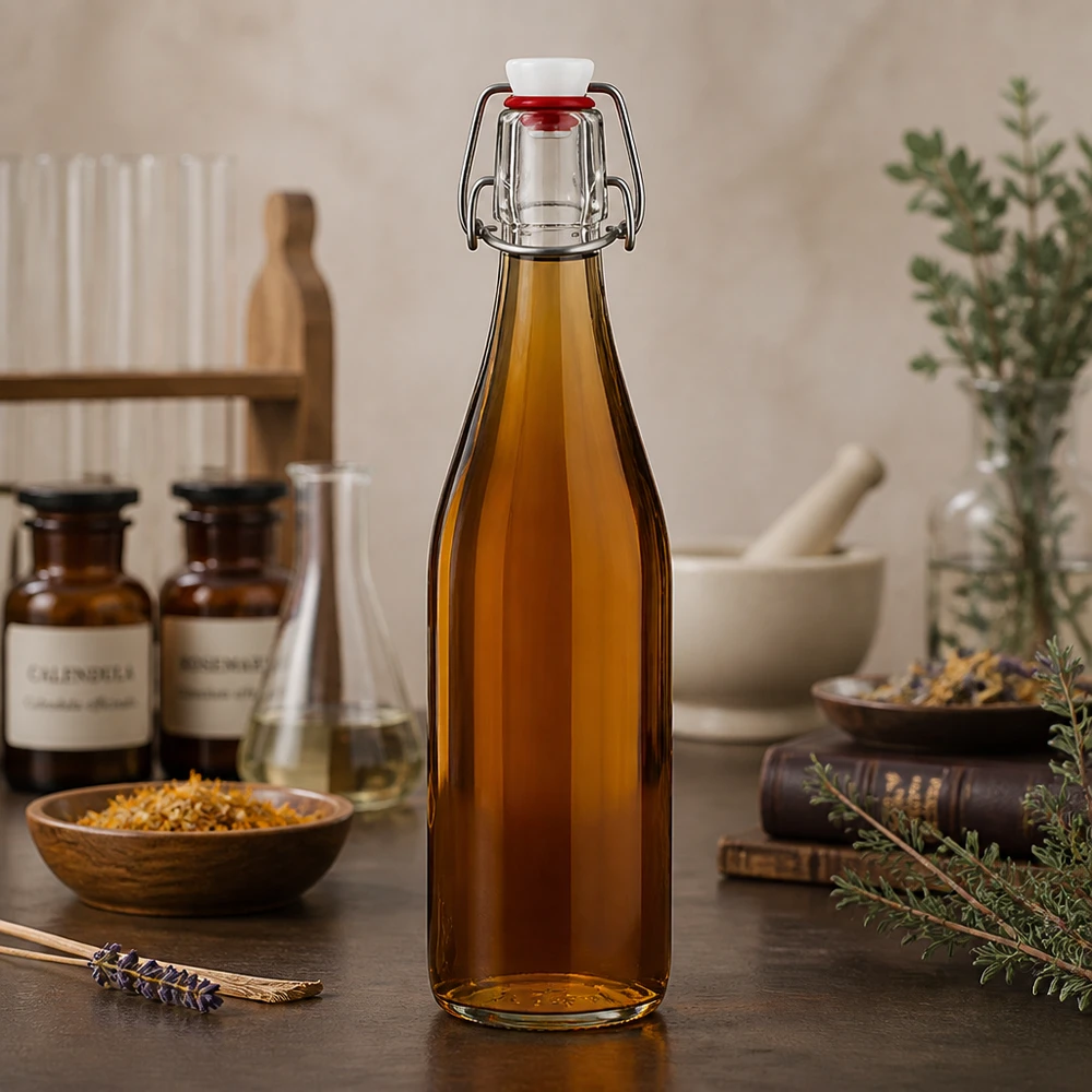 500ml Glasflasche und Bügelverschluss PVC UNiTWIST 500ml Glasflasche Bügelverschluss amber braun apotheker Design mit Naturkräutern Heilpflanzen vintage Küche nostalgisch
