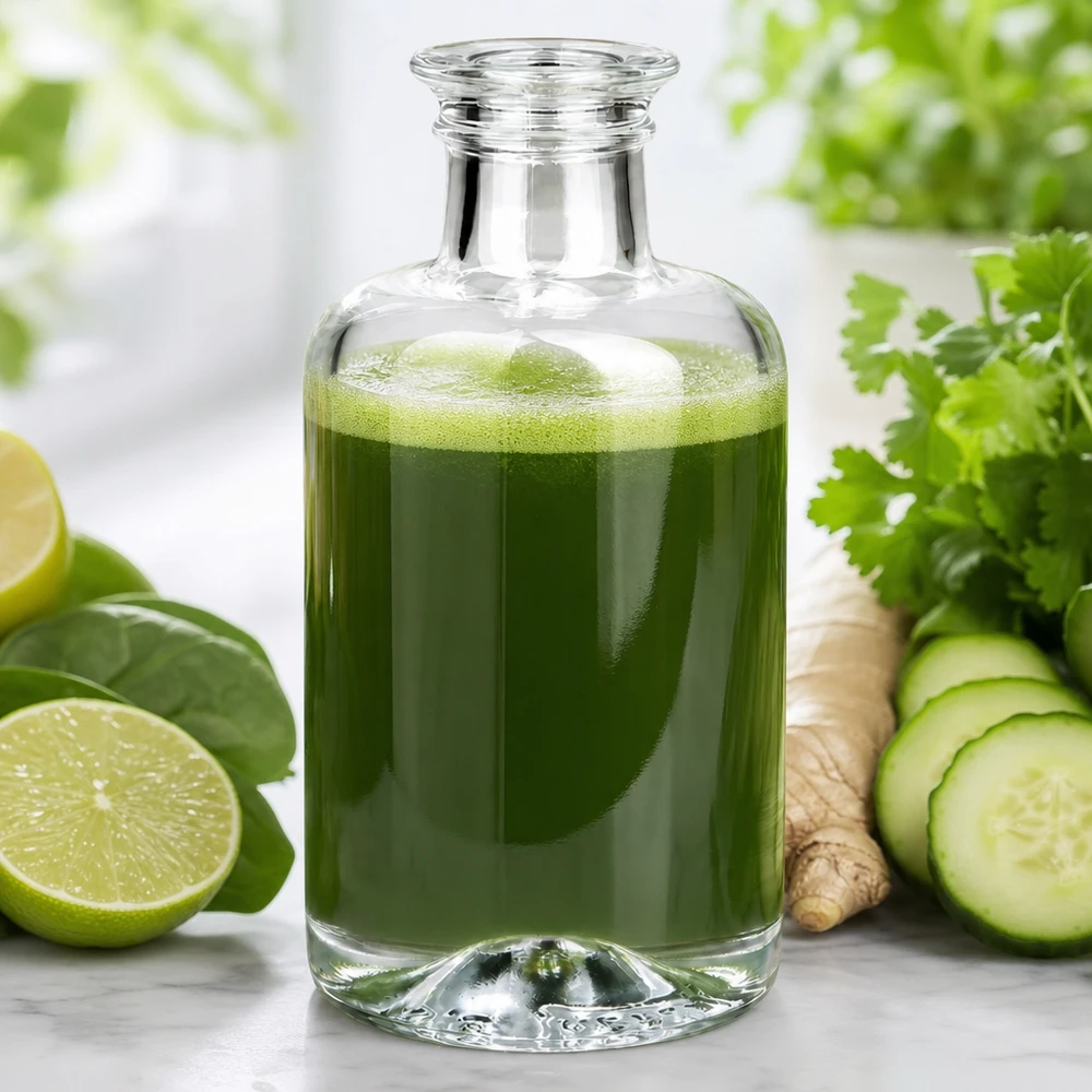 100ml Glasflasche Sofia mit grünem Gemüsesaft gefüllt neben Gurke Limette Ingwer und Kräutern auf weißem Untergrund