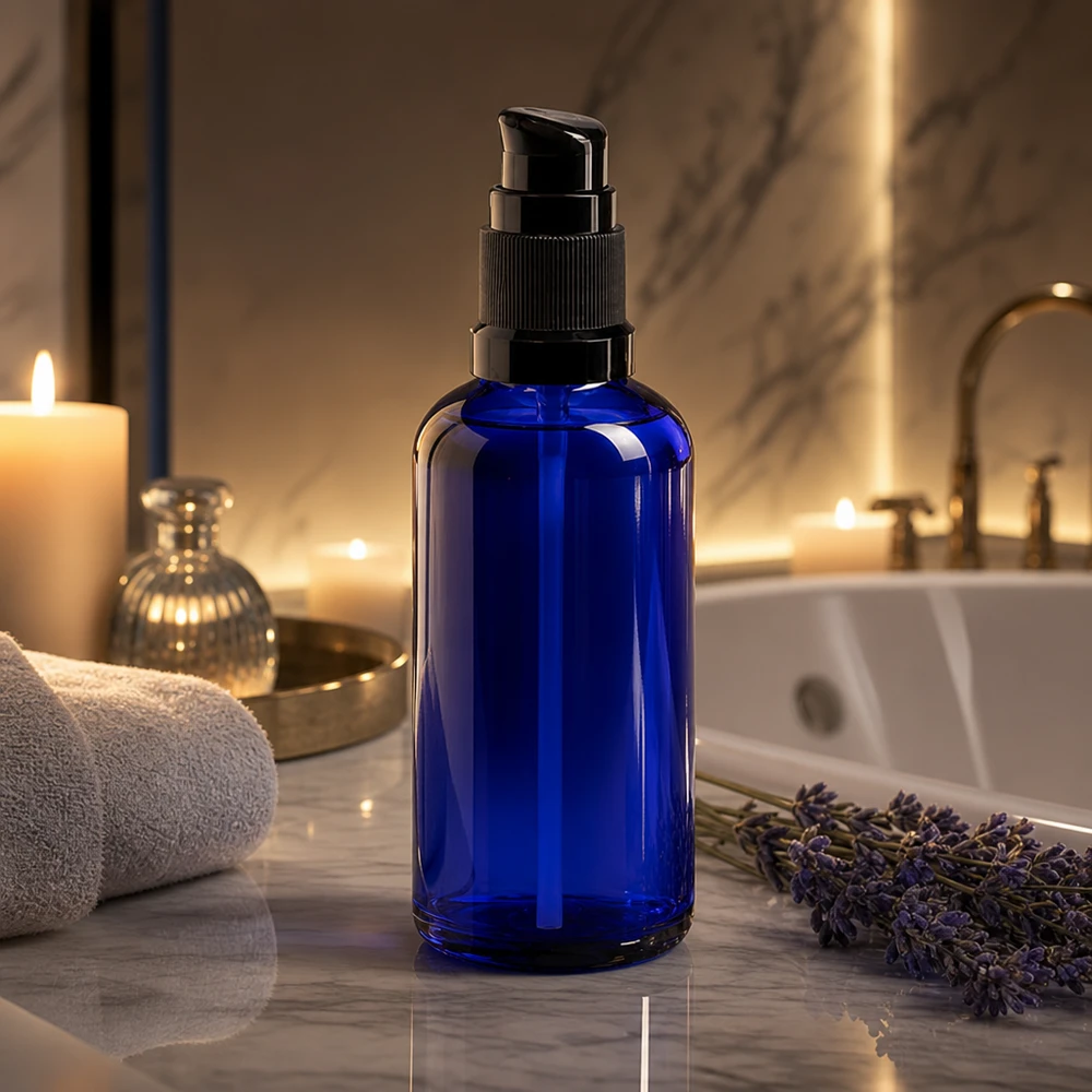 Dunkelblaue 50ml Apothekerflasche mit Schwarzpumpe für Lotionen und Essenzen