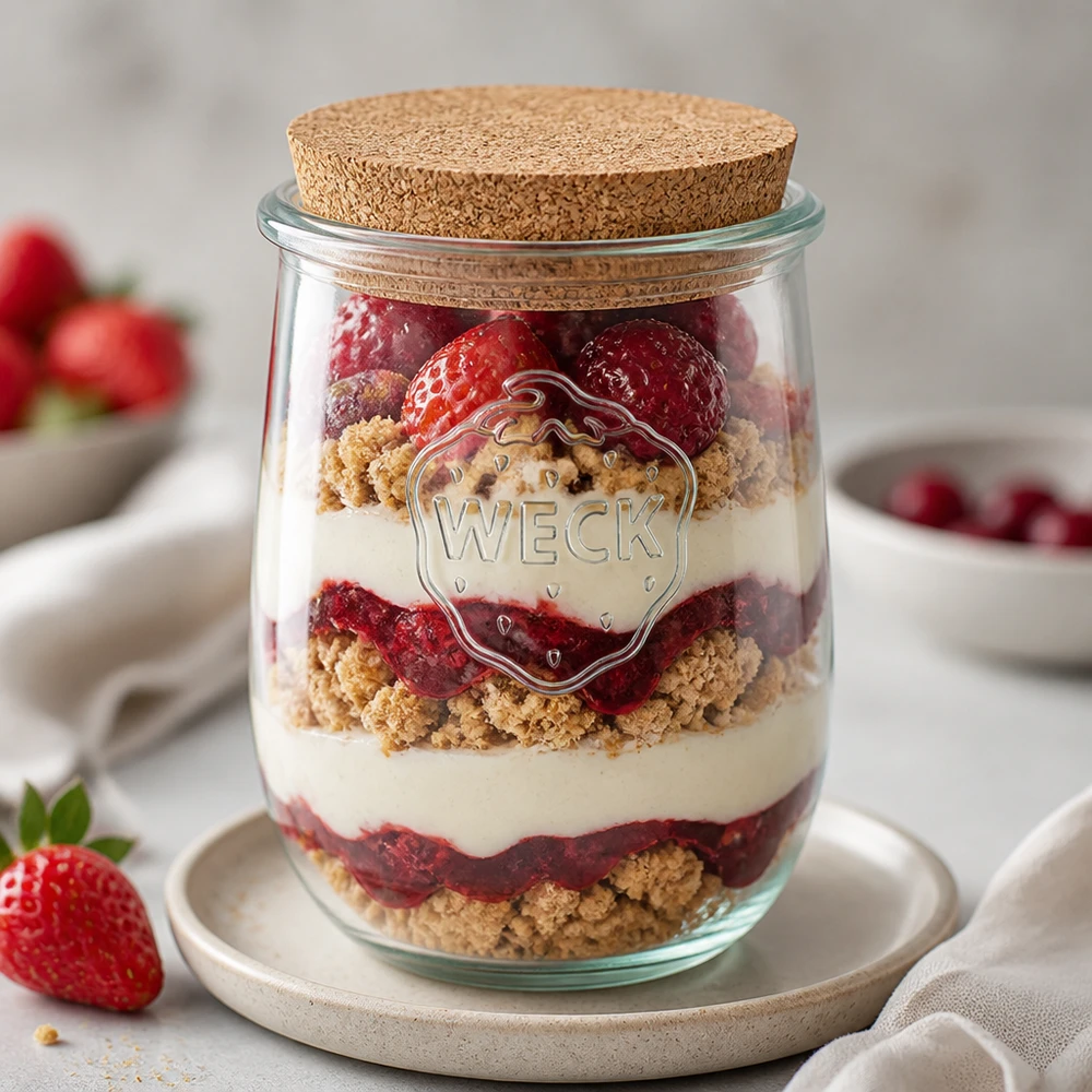 WECK Tulpenglas RR100 1062ml als Schichtdessert-Glas mit Erdbeeren Sahne und Kekskrümeln dekorativ arrangiert