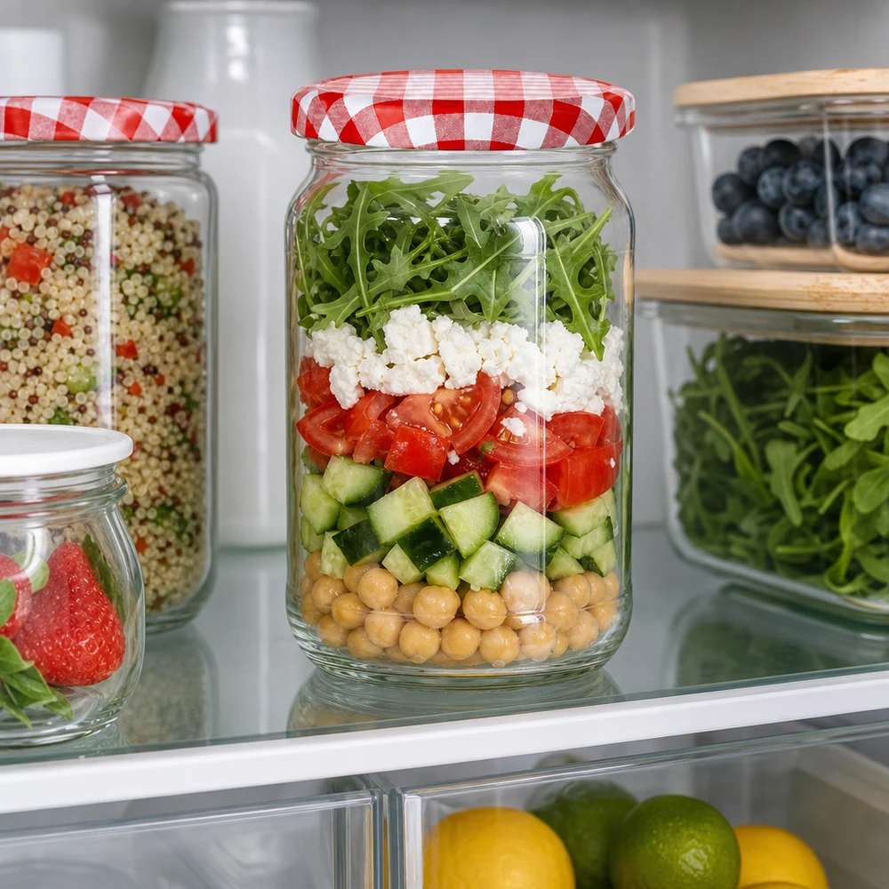 1062ml Rundglas + BasicSeal Deckel rot/weiß UNiTWIST 1062ml Rundglas mit rot-weiß kariertem Deckel als Meal-Prep Salatglas im Kühlschrank mit Schichtsalat und Kichererbsen