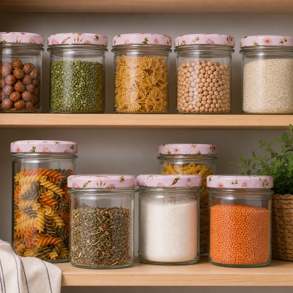 350ml Sturzglas + BasicSeal Deckel Blume rosa UNiTWIST Vorratsgläser 350ml mit rosa Blumendeckel gefüllt mit Pasta Nüssen Hülsenfrüchten auf Küchenregal Aufbewahrung