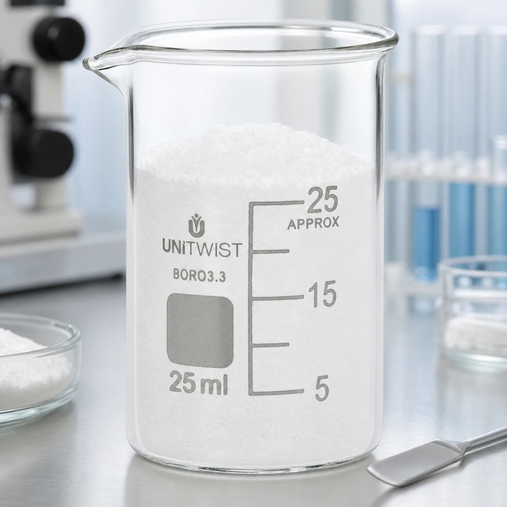 Graduiertes Becherglas 25ml Borosilikat niedriger Form mit weißem Granulat befüllt