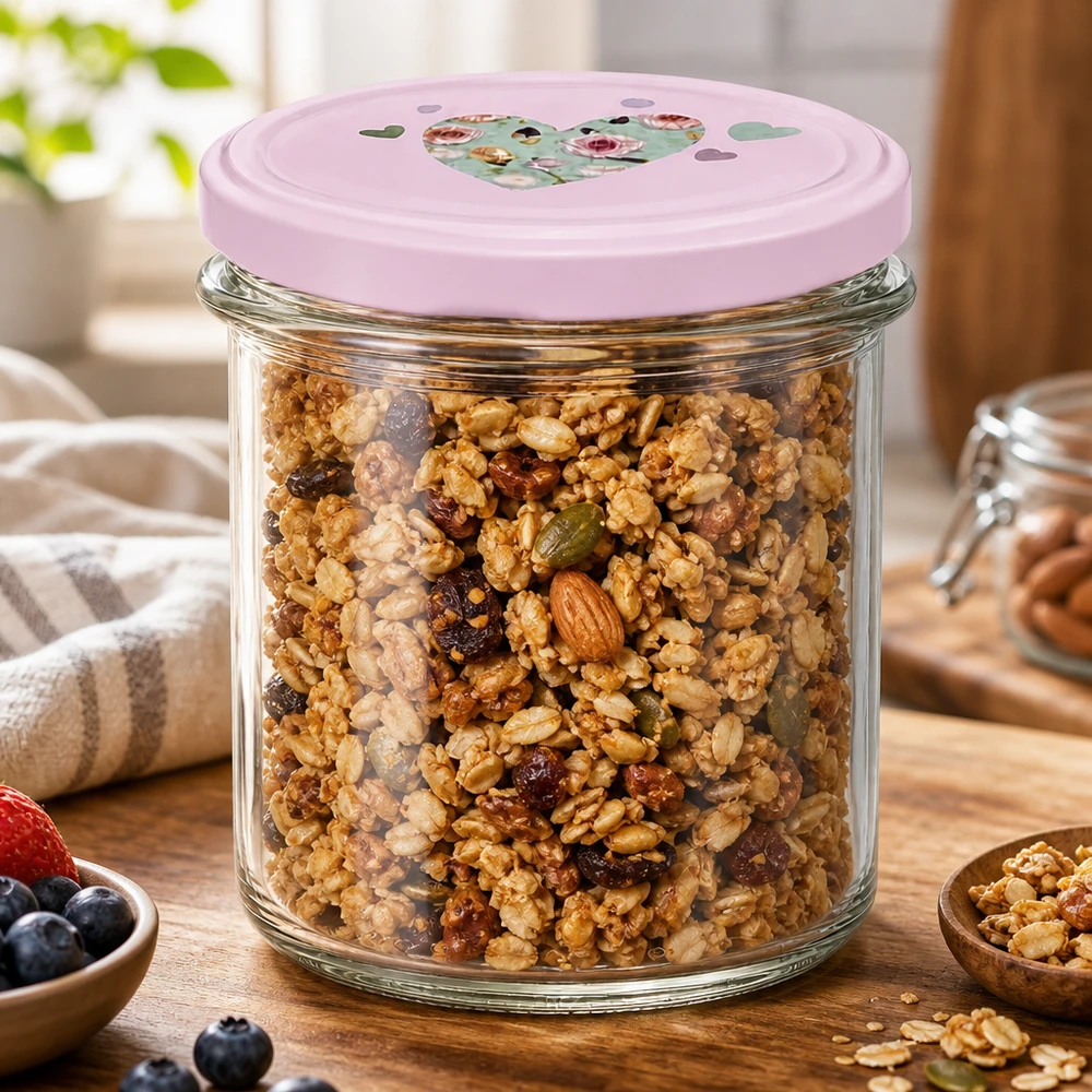 350ml Sturzglas rosa Herzdeckel gefüllt mit Müsli Nüssen Granola Frühstück gesunde Snacks Vorratshaltung