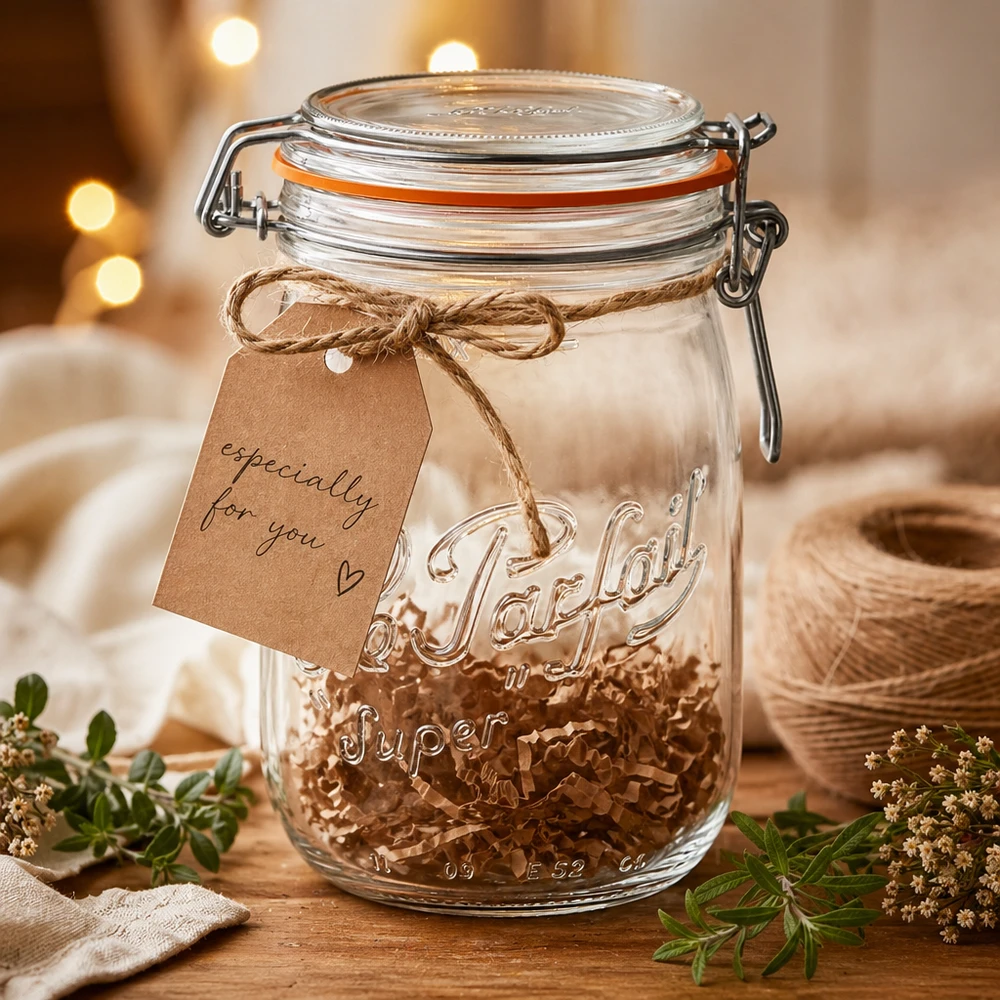 1000ml Vorratsglas "Super" mit Bügelverschluss Le Parfait® Le Parfait Vorratsglas 1000ml mit Bügelverschluss und Super-Prägung, dekoriert mit Geschenkanhänger auf Holztisch