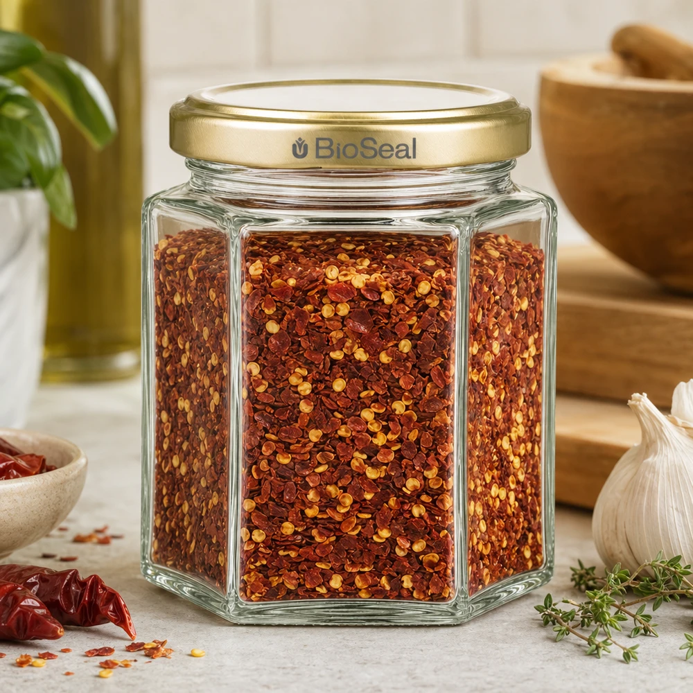 250g Honigglas mit goldenem Deckel BioSeal UNiTWIST 250g Honigglas hexagonal mit Chili-Gewürzmischung befüllt goldener BioSeal Deckel Küchenambiente mit Knoblauch Thymian