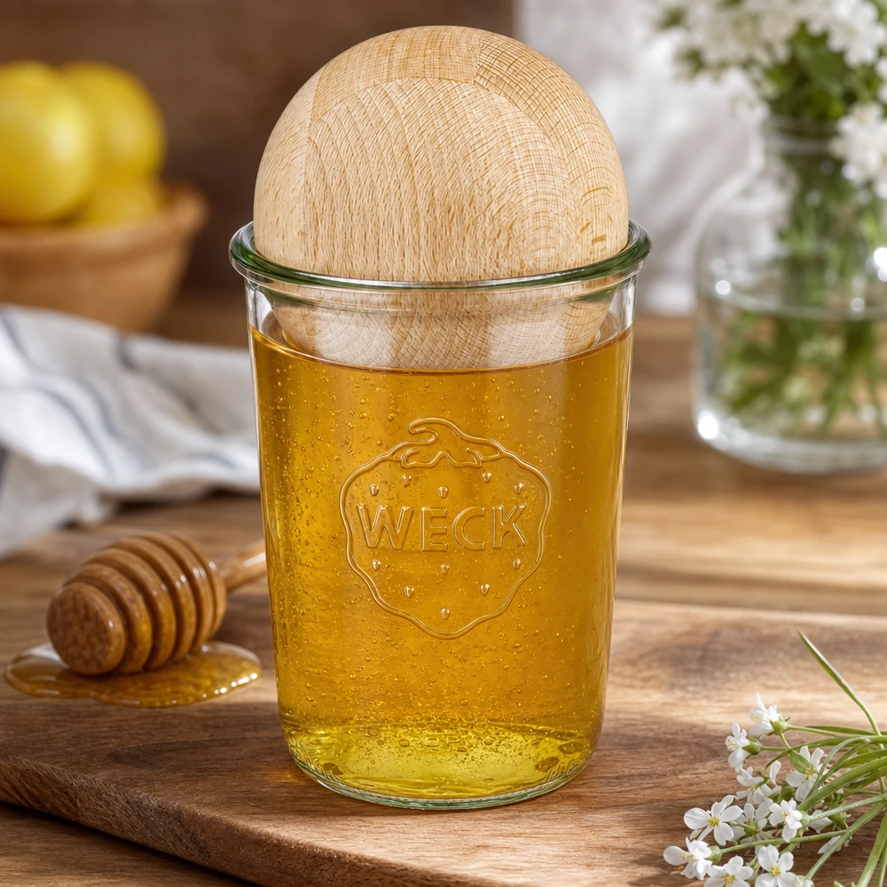 850ml Sturzglas WECK RR100 mit Holzkugel Buche WECK RR100 Sturzglas 850ml mit Honig befüllt und Buche-Holzkugel, dekorative Küchenaufstellung mit Honiglöffel