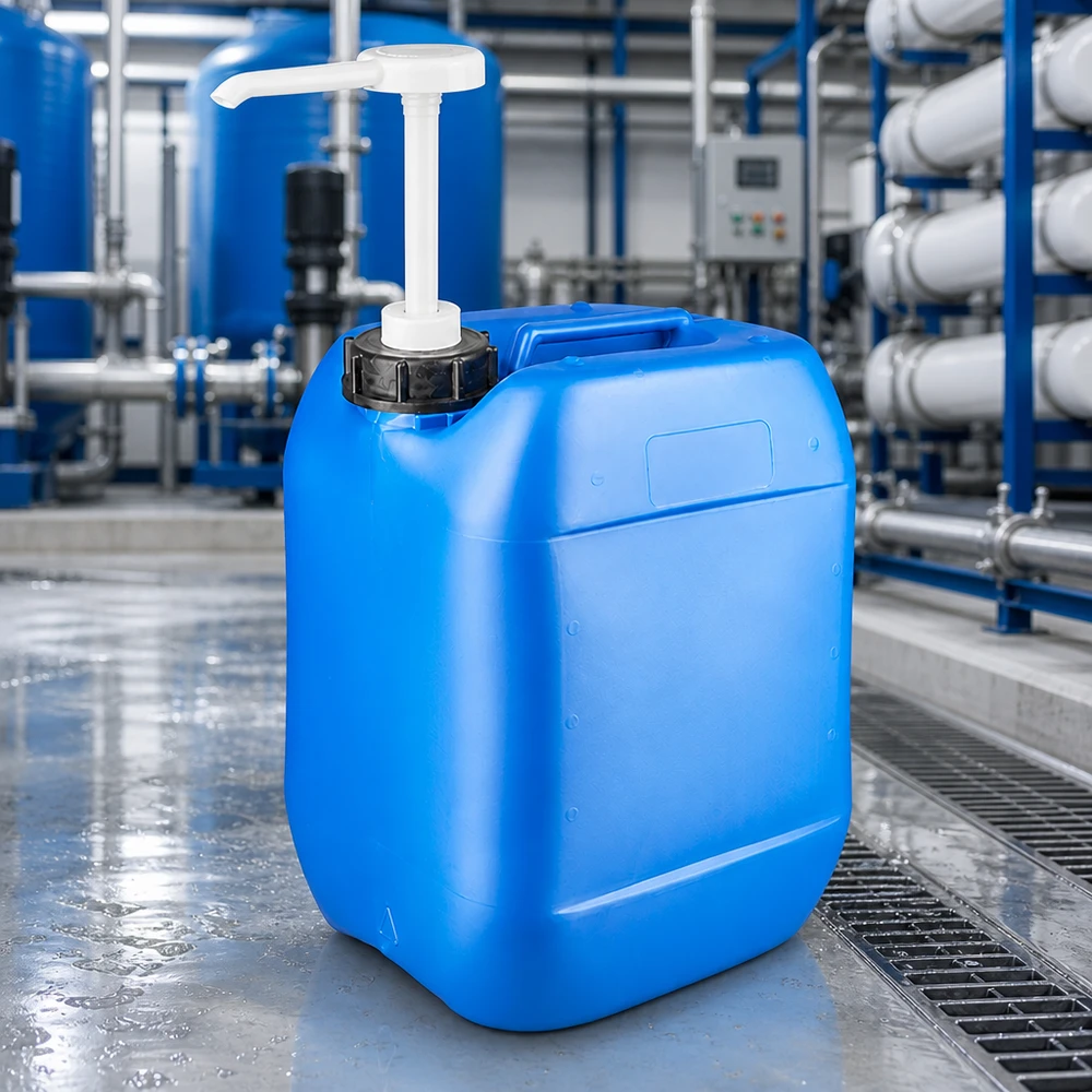 Blauer Kanister mit Dosierpumpe für Chemikalien und Reinigungsmittel im gewerblichen Einsatz