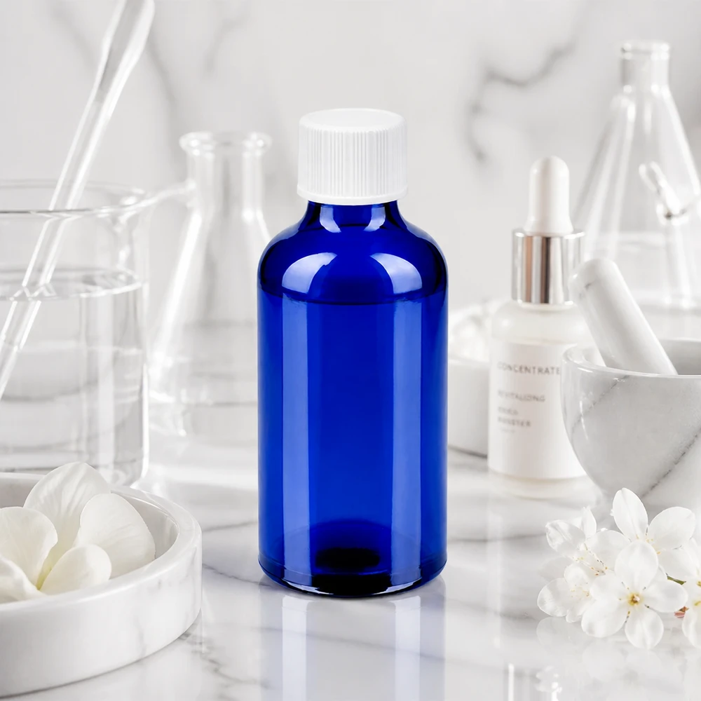 50ml Flasche 11mm Schraubverschluss weiß Standard BlueLine UT18/50 Professionelle 50ml Vorratsflasche in Apothekenqualität mit weissem Standardgewinde