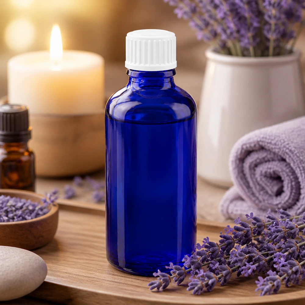 Apothekenflasche blau 50ml Schraubverschluss weiß Standard Apothekerflasche 50ml Kobaltblau weißer Schraubverschluss SV STD Wellness Anwendung