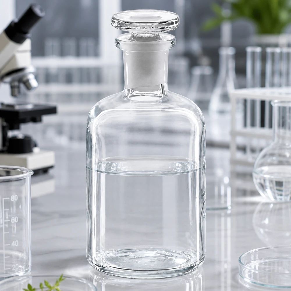 Rundschulterflasche 100ml klar Enghals Glasstopfen Kleine Laborflasche 100ml klar Enghals runder Glasstopfen neben Becherglas und Petrischale