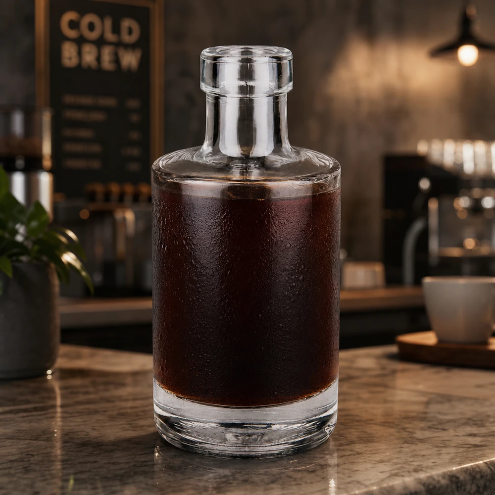 200ml Glasflasche Marie mit Cold Brew Kaffee befüllt in moderner Café Atmosphäre Anwendungsbeispiel Coffee Shop