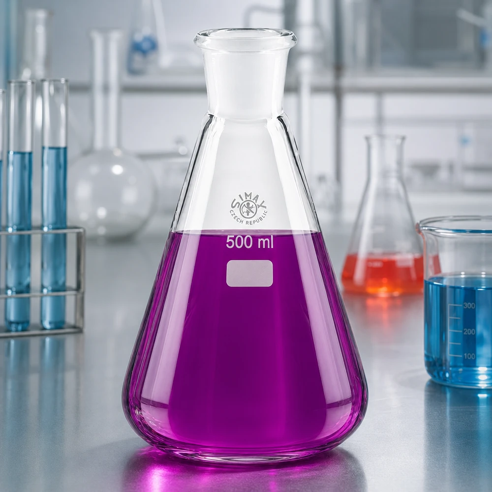 Erlenmeyerkolben 500ml mit Normschliff (29/32) Kegelförmiger Erlenmeyerkolben 500ml mit violetter Indikatorlösung im Chemielabor