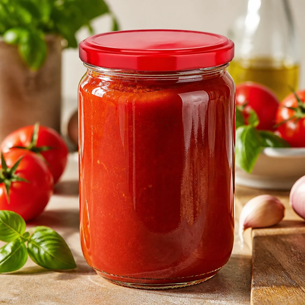 Lebensmittelechtes 555ml Rundglas UNiTWIST mit rotem BasicSeal Deckel für Saucen und Chutneys