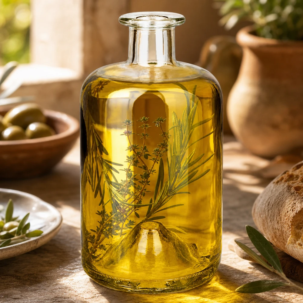 Glasflasche Sofia 500ml mit Kräuteröl befüllt Rosmarин Thymian dekorative Verwendung Apothekerflasche