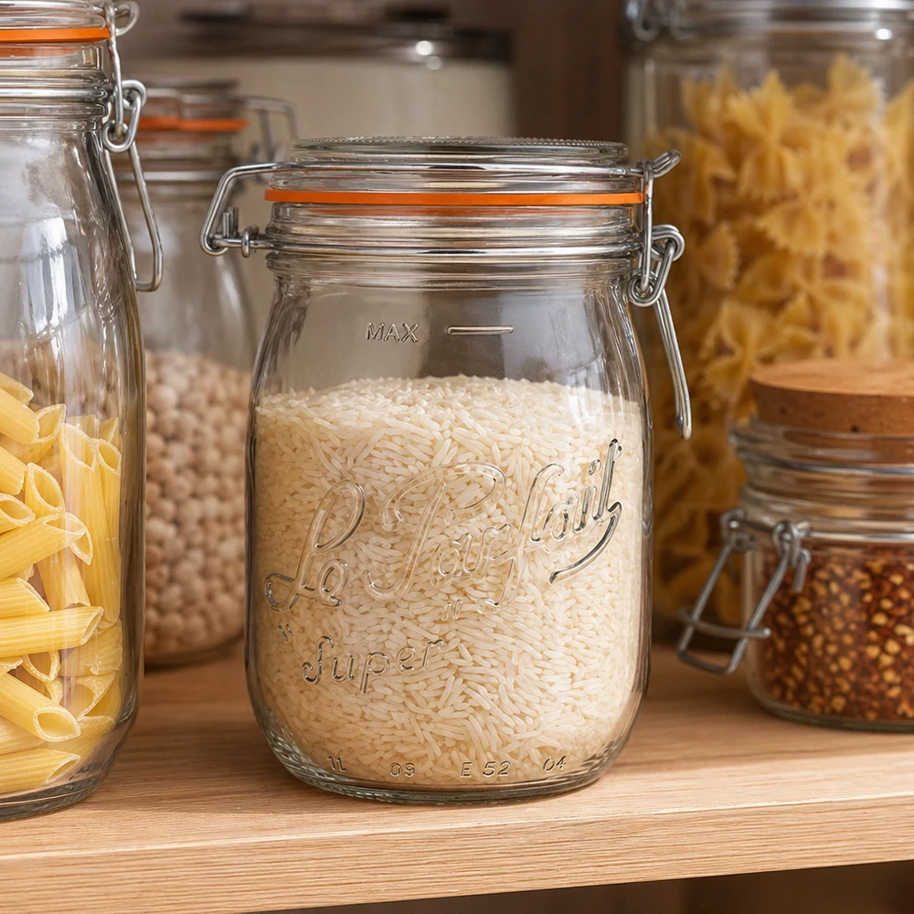 1000ml Vorratsglas "Super" mit Bügelverschluss Le Parfait® 1000ml Le Parfait Super Vorratsglas mit Bügelverschluss gefüllt mit Reis in moderner Küche mit weiteren Vorratsgläsern
