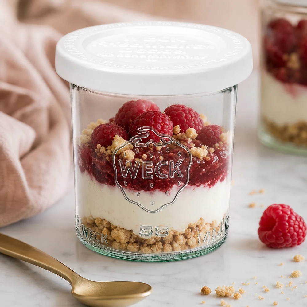 140ml Sturzglas mit Frischedeckel WECK RR60 WECK 140ml Sturzglas RR60 mit Himbeeren und Mascarpone-Dessert befüllt - elegante Präsentation für süße Nachspeisen