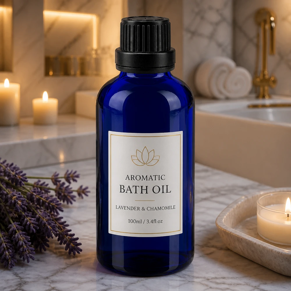 Dunkelblaue Tropfflasche 50ml Glas schwarzer Verschluss im luxuriösen Spa-Setting