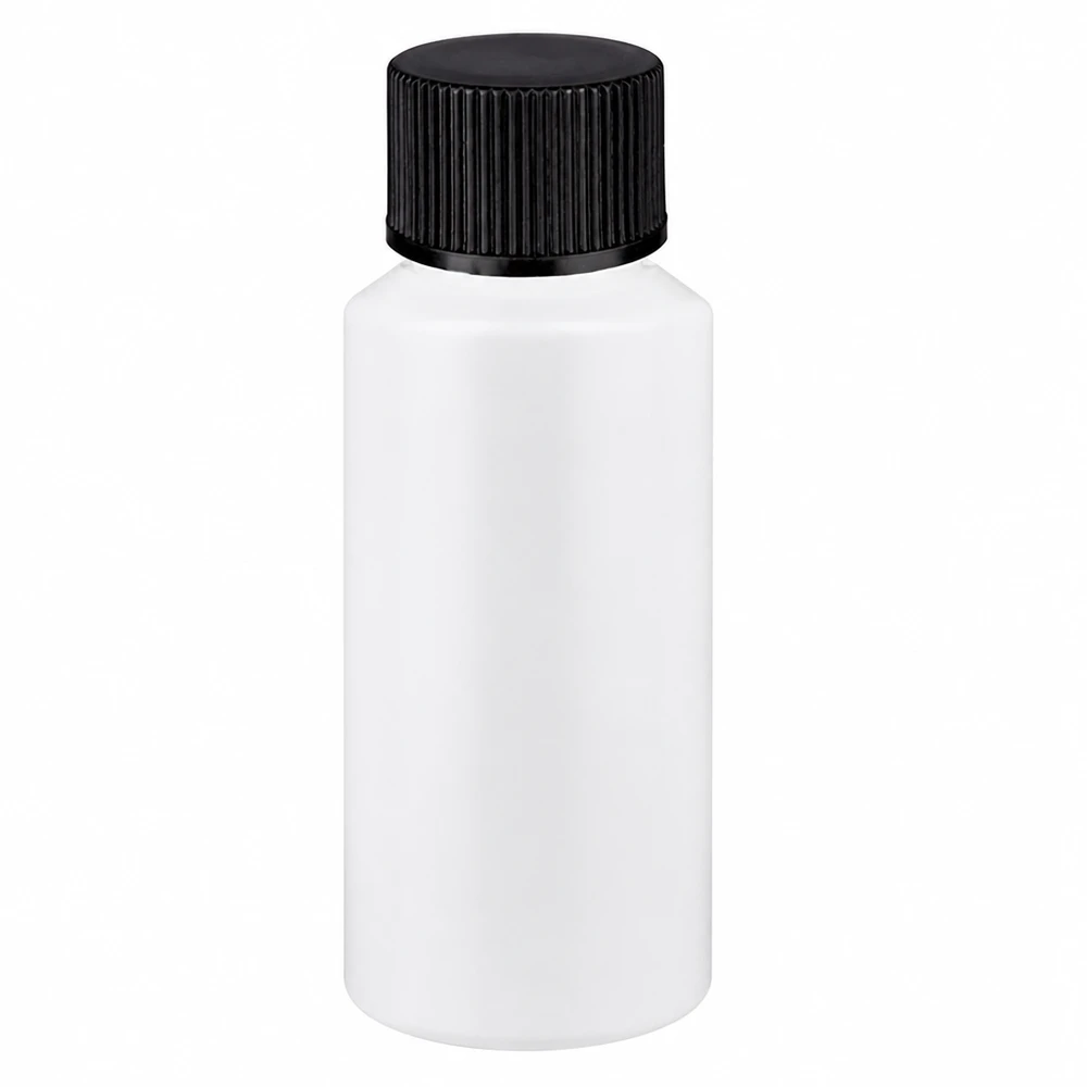 Kompakte runde Apothekenflasche aus weißem HDPE 30ml Füllvolumen schwarzer Verschluss