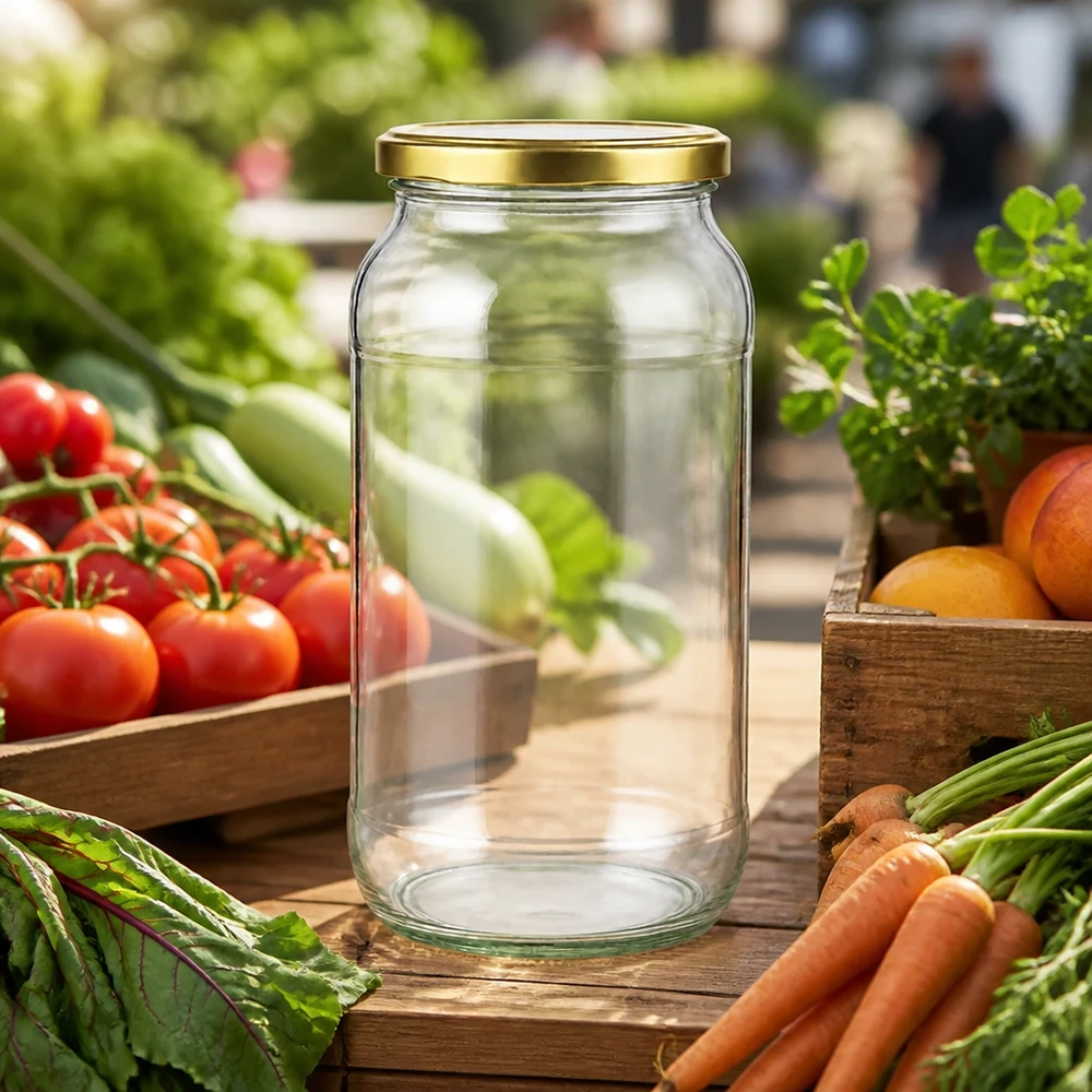 1062ml Rundglas mit goldenem BasicSeal Deckel zwischen frischen Tomaten und Karotten auf Holztisch im Garten