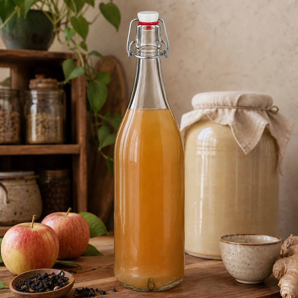 1000ml Glasflasche und Bügelverschluss Porzellan UNiTWIST 1000ml Glasflasche mit Bügelverschluss gefüllt mit Apfelsaft neben frischen Äpfeln und Kombucha in rustikaler Küche