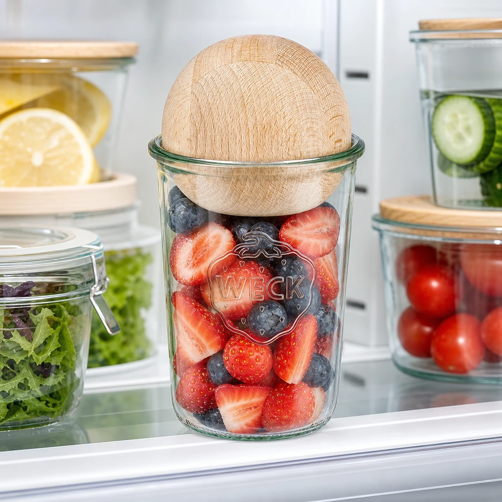 WECK RR100 Sturzglas 850ml mit frischen Beeren im Kühlschrank, Buche-Holzkugel als Deckel für Frischhaltung