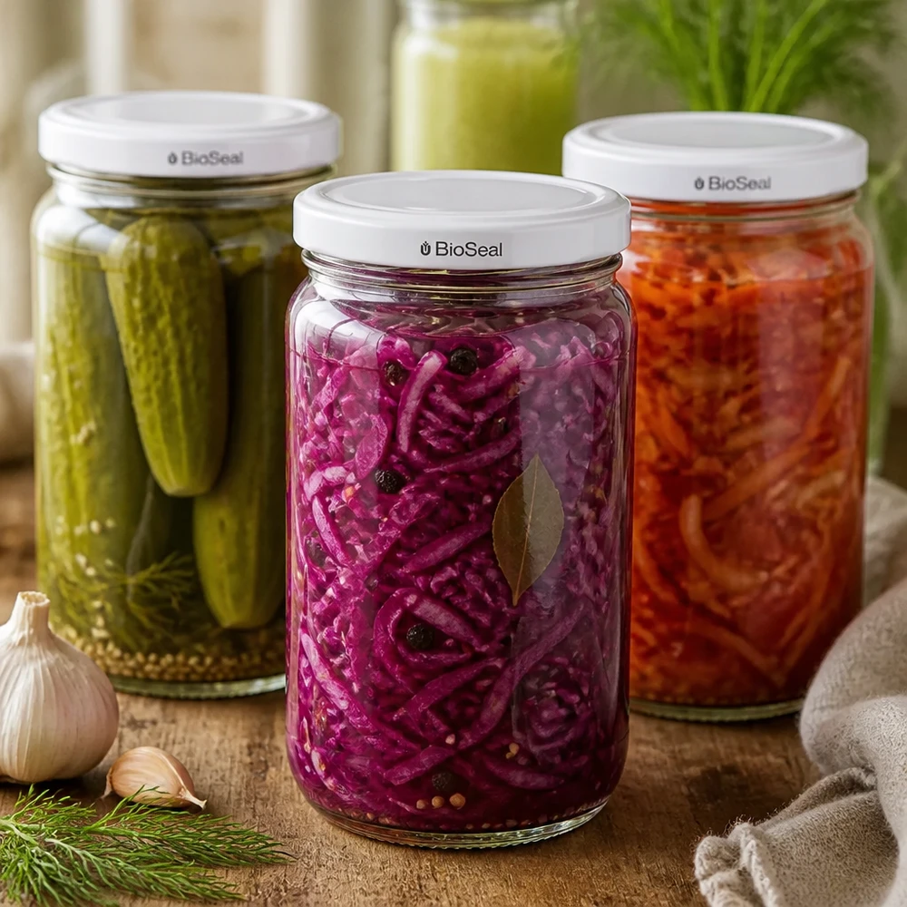 305ml Rundglas + BioSeal Deckel weiß UNiTWIST UNiTWIST Runda305 Gläser mit weißem BioSeal Deckel gefüllt mit eingelegtem Gemüse - Gurken Rotkohl Karotten
